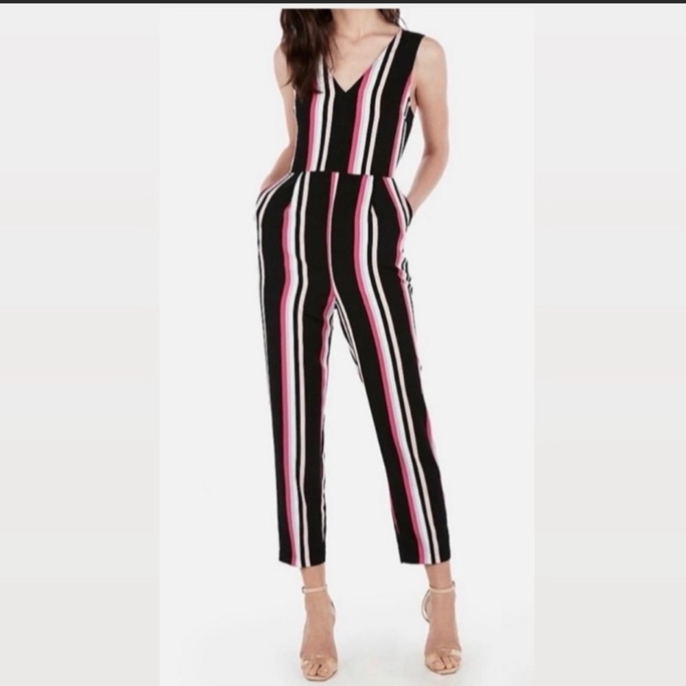 Express black, white , and pink striped jumpsuit size medium